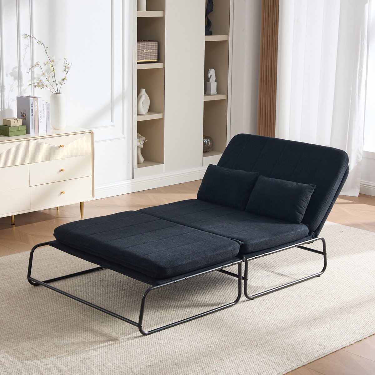1-zits slaapbank - 104 x 85 x 92 cm - chenille bekleding - met slaapfunctie - met opbergruimte - inclusief kussens - met metalen frame - Zwart