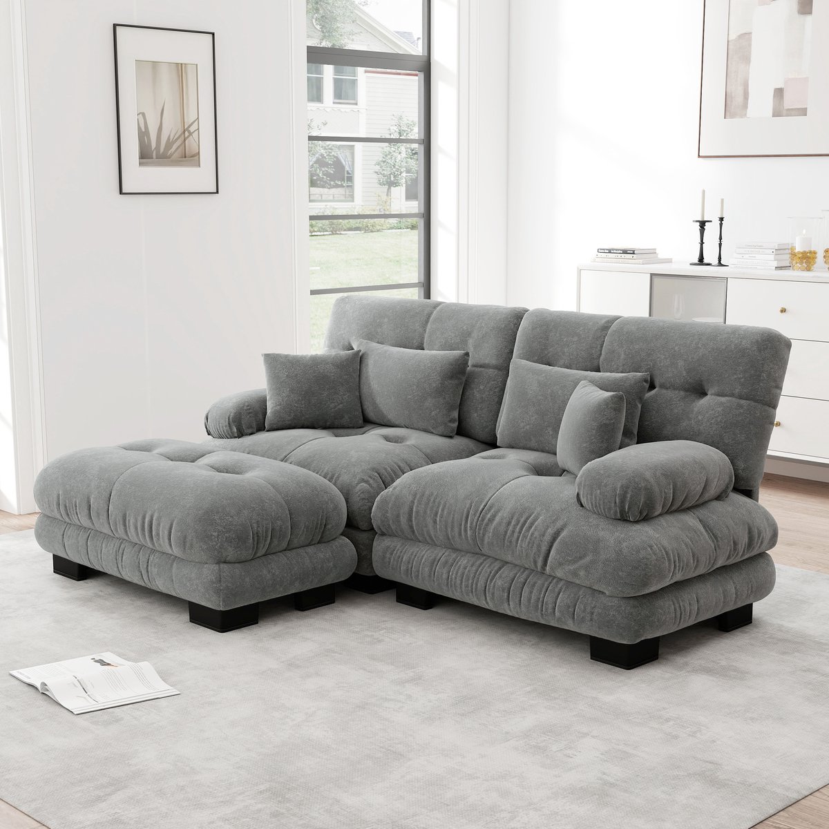 U-bank - 220 x 145 x 81 cm - chenille bekleding - modulair samen te stellen - inclusief kussens - met veer- en schuimvulling - met armleuningen