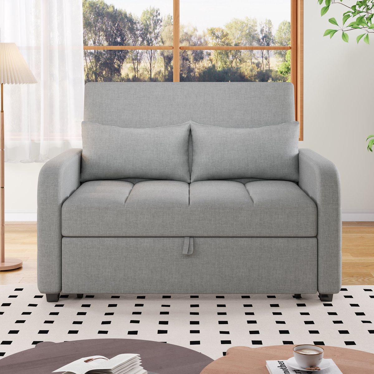 Slaapbank - 127 x 75 x 94 cm - met schuimvulling - met slaapfunctie - met verstelbare rugleuning - inclusief kussens - met metalen frame - Antiekgrijs