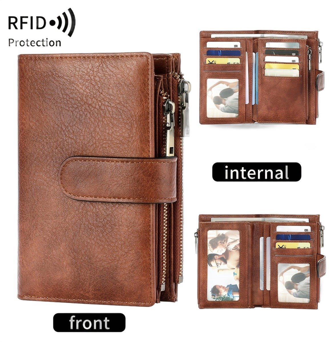 Currero Portomonee - Portemonnee Dames & Heren - RFID Anti Skim - Pasjeshouder - Klein Model - Met Rits - Kunstleer - Bruin