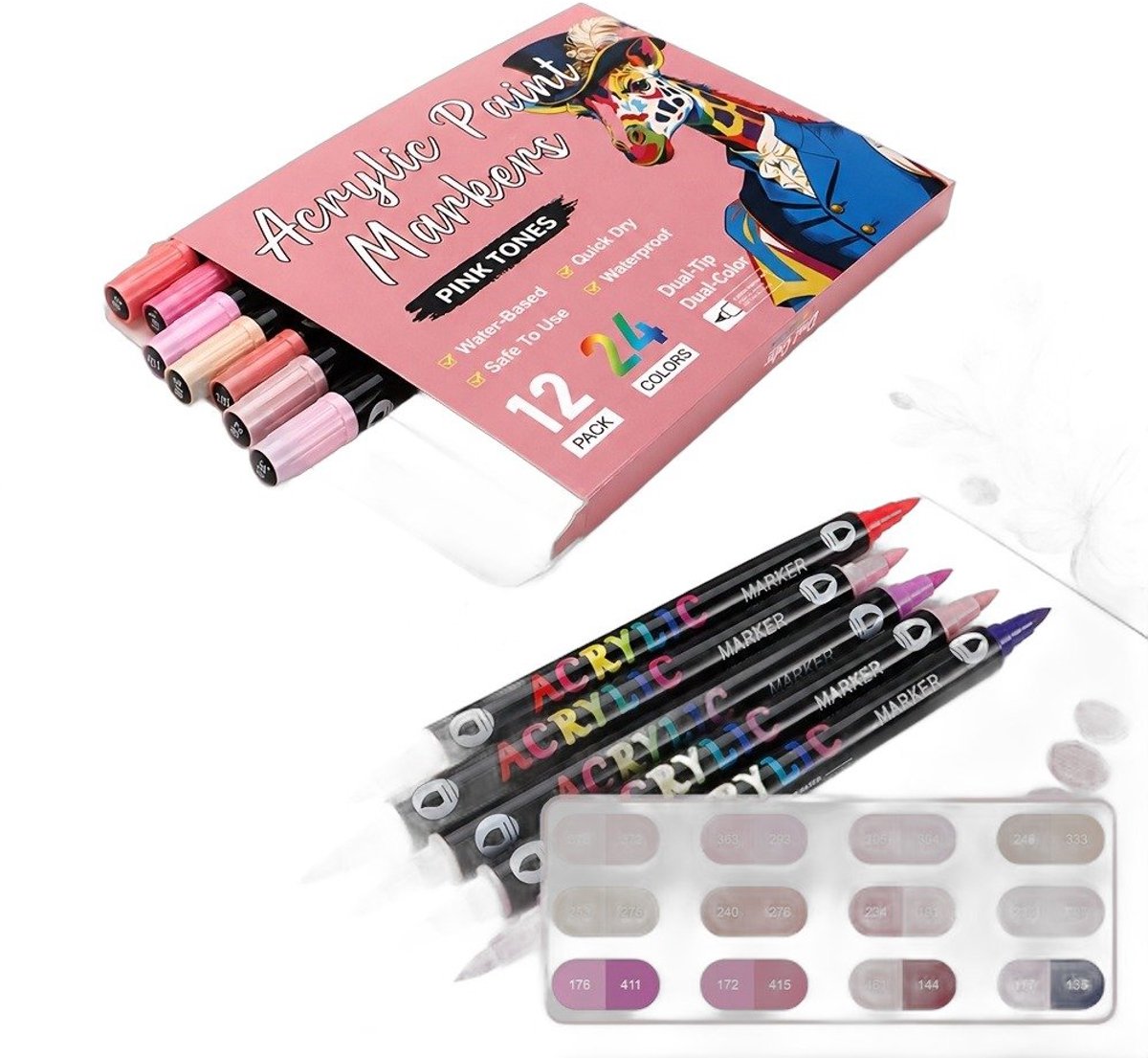 Currero Aquamarkers - Twinmarkers - Brushpennen - Stiften - Markeerstiften Op Waterbasis - Dual Tip - Tekenen En Kleuren - 12 Stuks - Art Marker - Roze