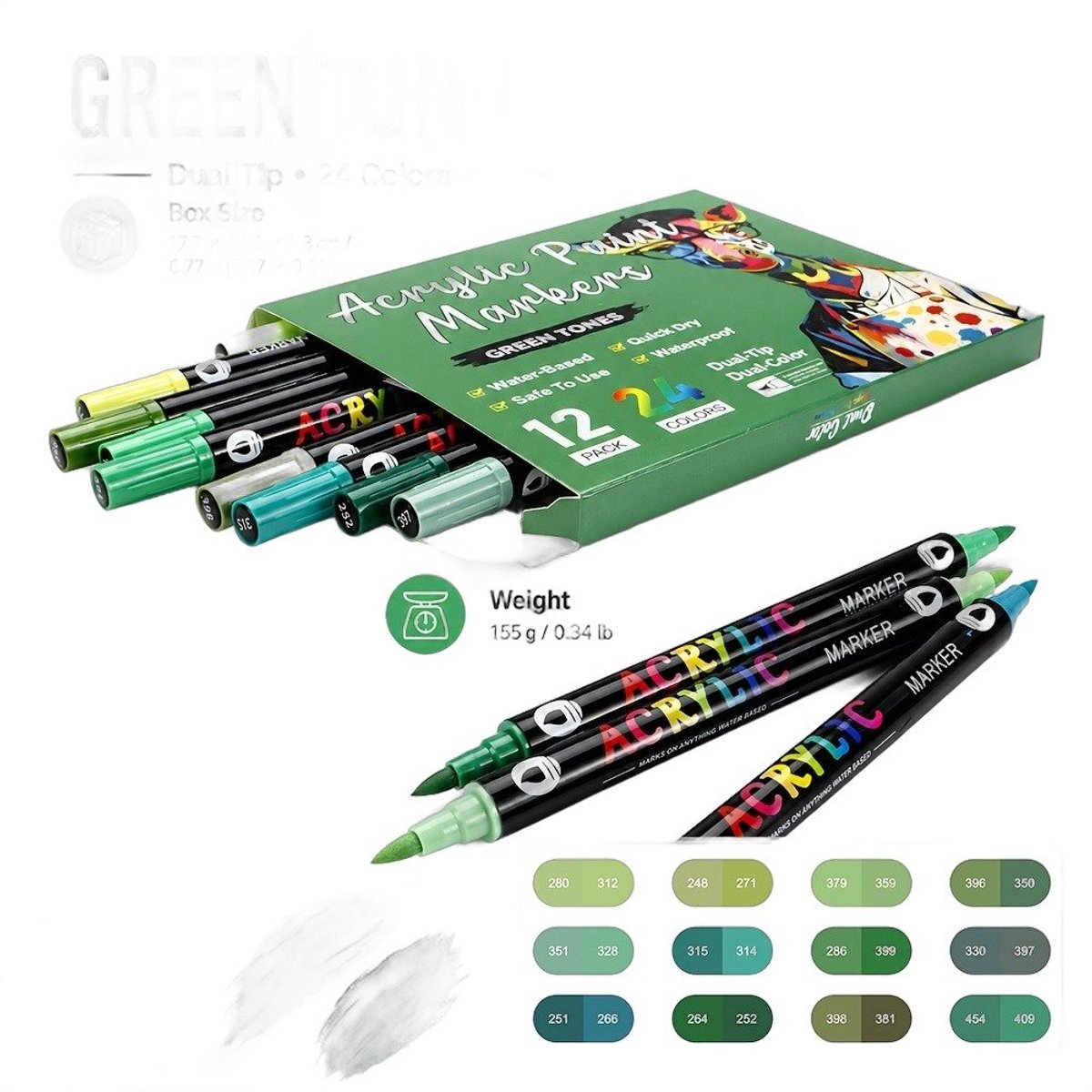Currero Aquamarkers - Twinmarkers - Brushpennen - Stiften - Markeerstiften Op Waterbasis - Dual Tip - Tekenen En Kleuren - 12 Stuks - Art Marker Pen - Groen