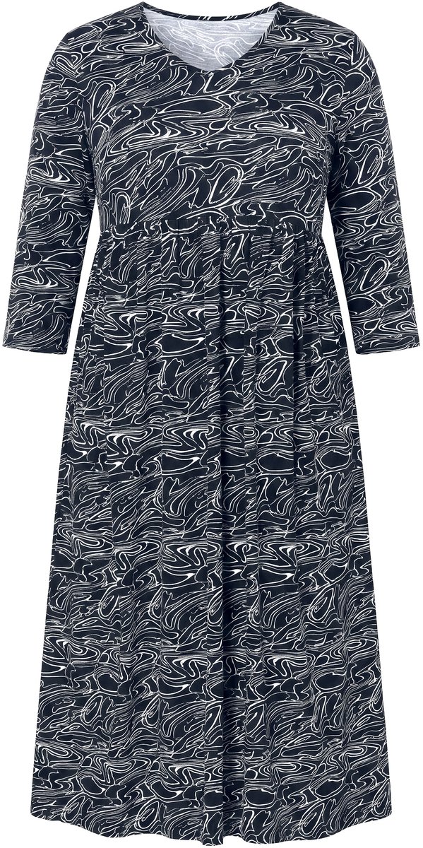 Ulla Popken Dames - Maxi-jurk met print V-hals 3/4 mouwen zakken - Zwart - Maat 42+