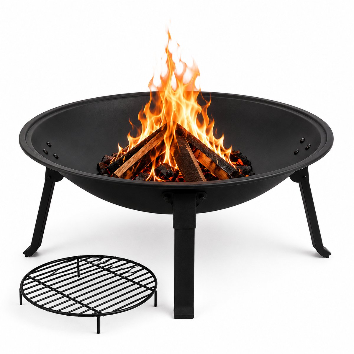 Vuurkorf Staal 55 cm - Vuurschaal voor Tuin met Grillrooster - Inklapbare Poten - Zwart - Voor Hout en Houtskool - Brasero