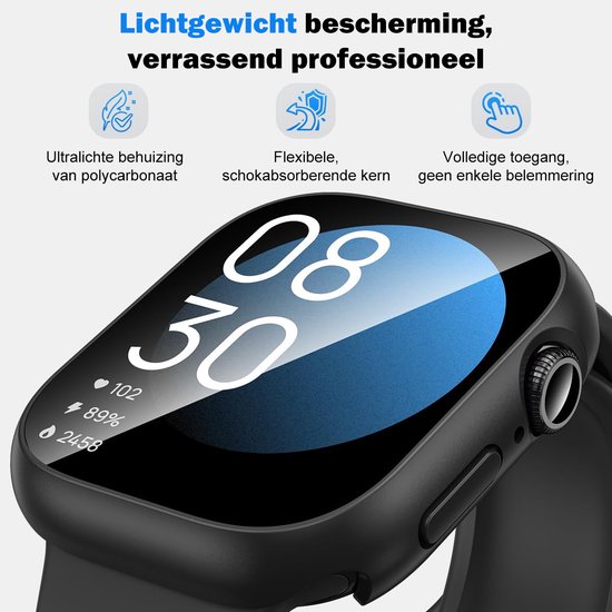 Zwarte smartwatch beschermhoes, benadrukt lichtgewicht materiaal en volledige toegang tot functies.