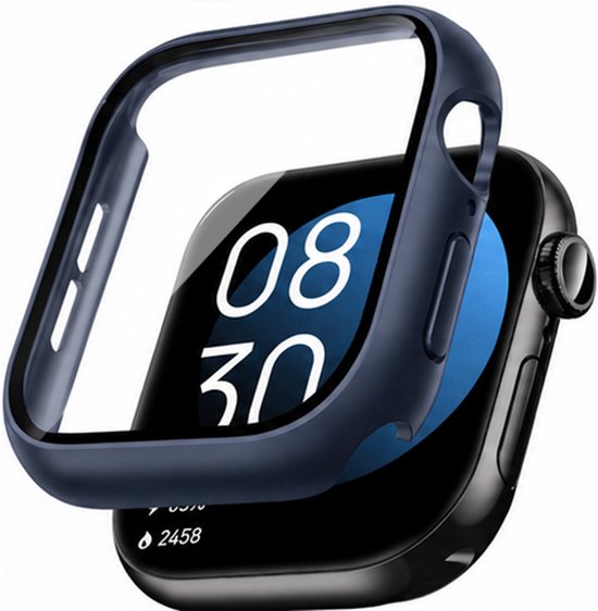 Donkerblauw hoesje met screenprotector voor Apple Watch.