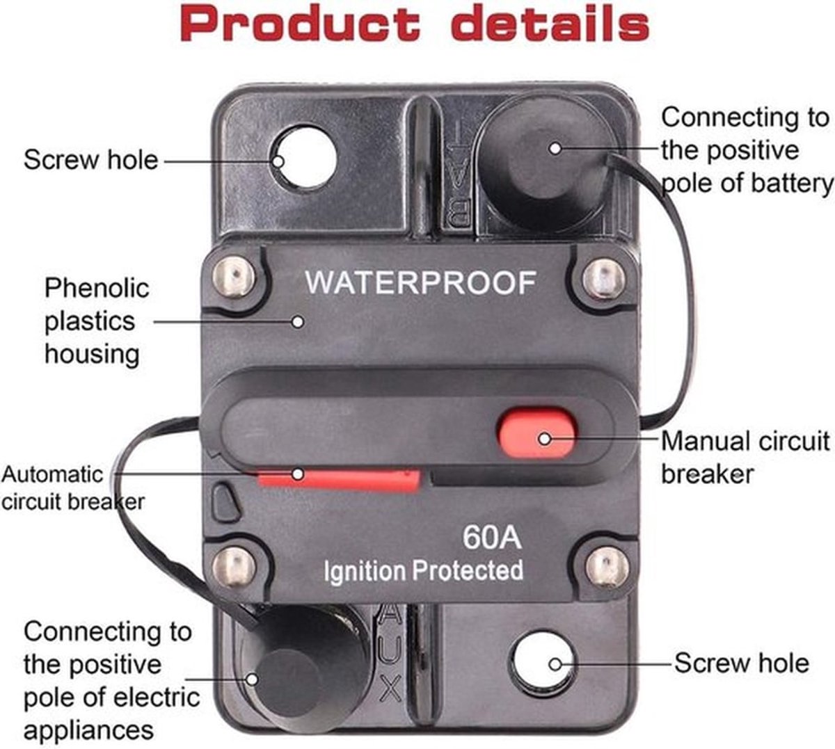 Stroomonderbreker - Handmatige Reset - Waterdicht - Geschikt voor Auto, Boot en ATV - 60A - Betrouwbare beveiliging - Duurzaam ontwerp