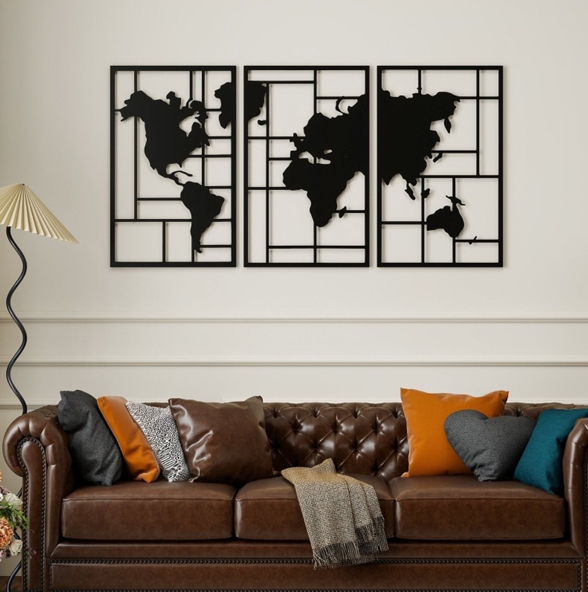 MODFU-Wandpaneel-Metaal-Wereldkaart-Modern-Zwart-150 X 80 Cm