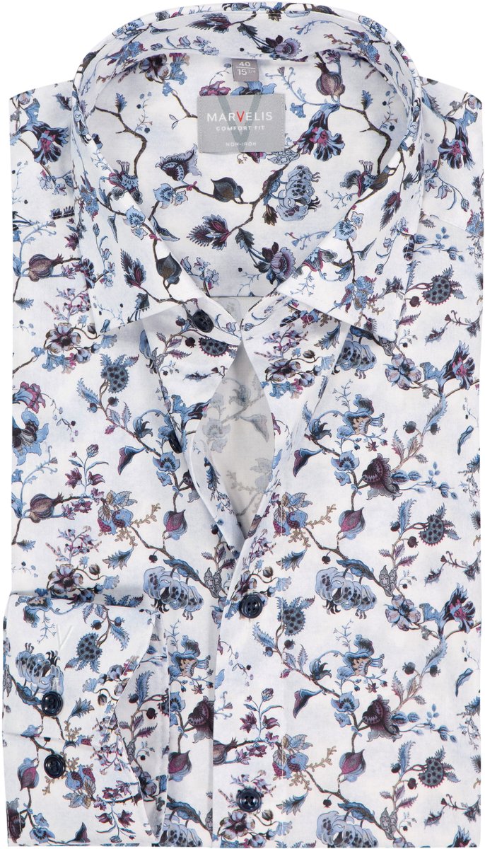 MARVELIS comfort fit overhemd - popeline - wit met blauw - bordeaux en groen bloemen dessin - Strijkvrij - Boordmaat: 44 (EU maat: XL)