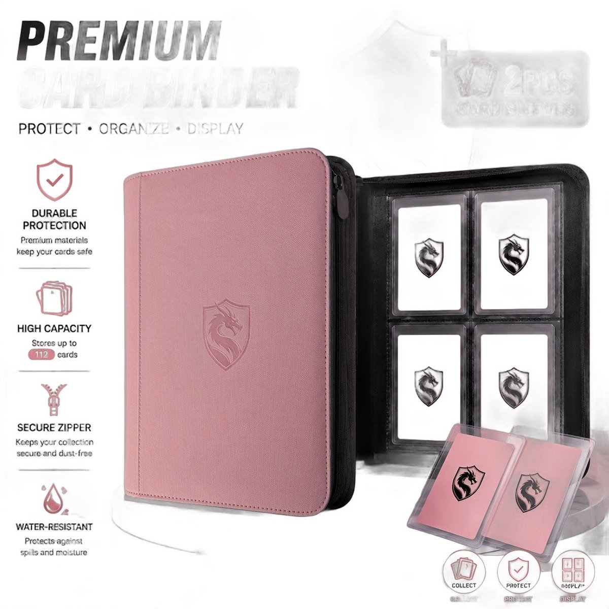 Currero Toploader Binder - Verzamelmap Kaarten - Geschikt voor Pokemon - 4 Pocket - 9 Pocket - 12 Pocket - Trading Card Map - Toploadermap - Roze + 2 Stuks Kaarthoezen