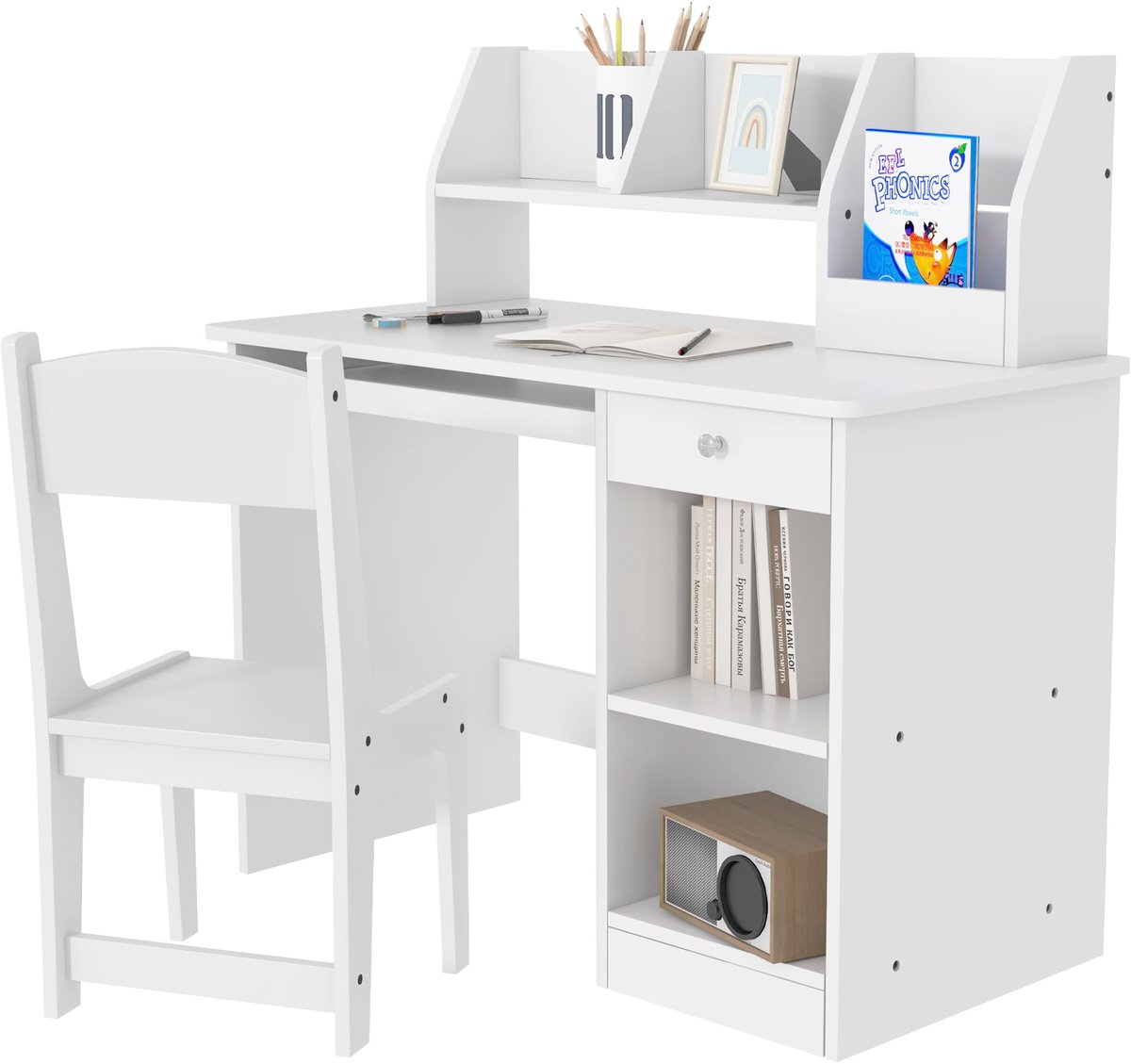 Bureau- en stoelset voor kinderen, 5-8 jaar, met veel opbergruimte, uittrekbare plank, lade, ideaal om te schrijven, lezen en tekenen, 90 x 45 x 90 cm, wit