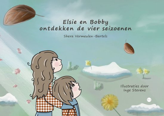 Illustratie van twee kinderen, Elsie en Bobby, die omhoog kijken naar de seizoenen. "Elsie en Bobby ontdekken de vier seizoenen".