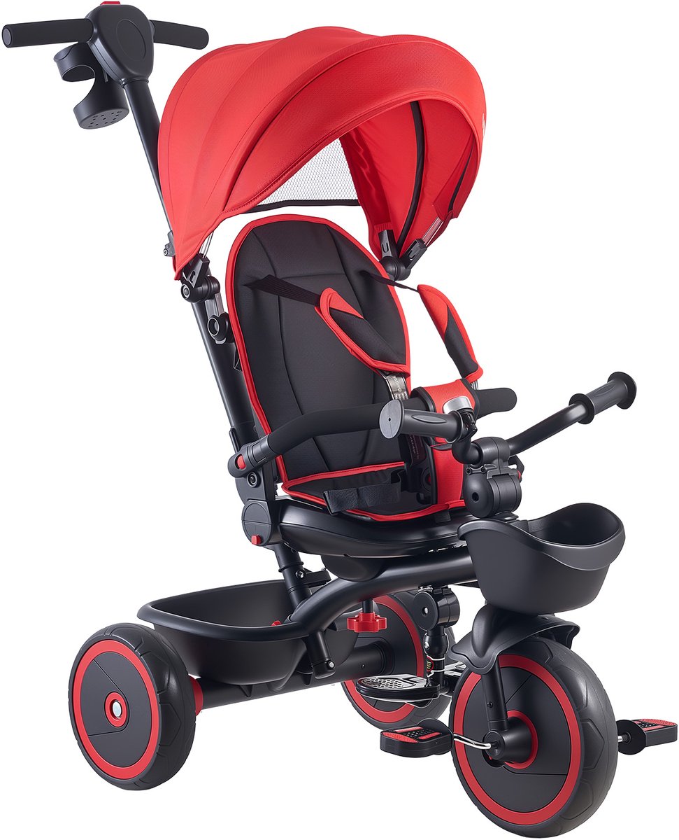 Driewieler voor Kinderen van 1 Tot 5 Jaar, Loopfiets met Duwstang, Inklapbare Zonnekap, Verstelbare Stoel en Opbergmand, Ideaal Als Cadeau voor Jongens en Meisjes, Rood en Zwart