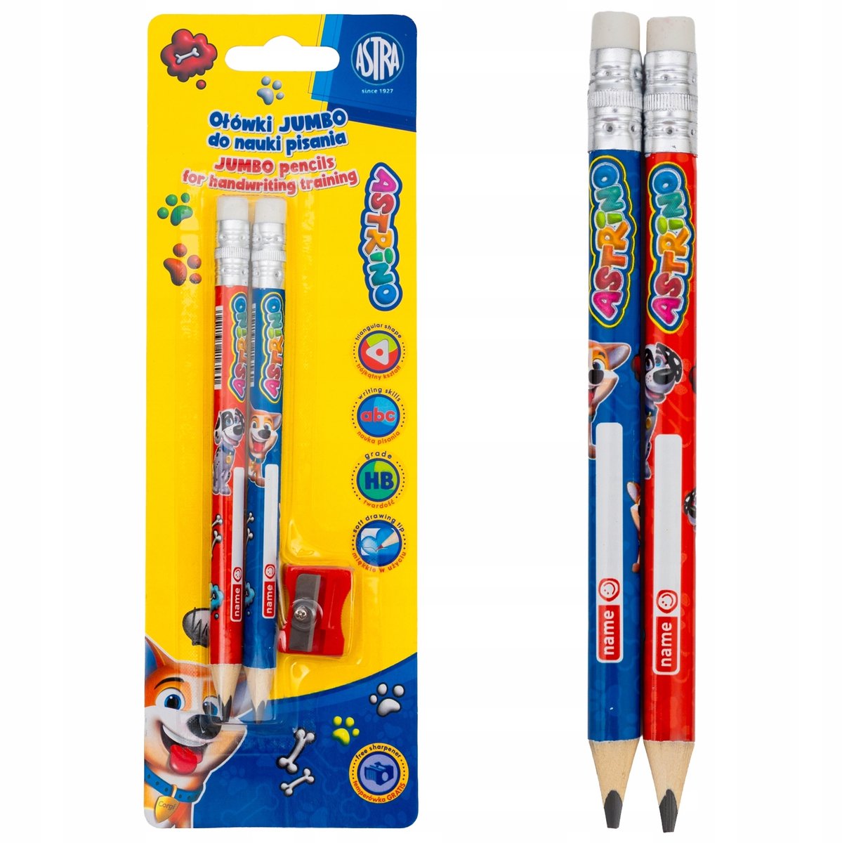 Astra Astrino 2 HB potlood met gum en puntenslijper, ideaal voor leren schrijven
