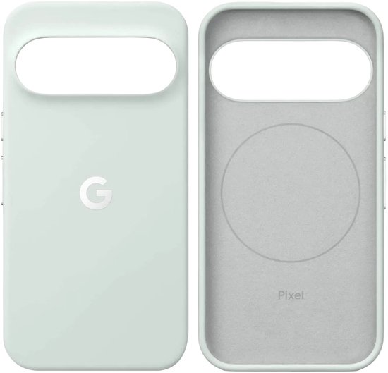 Lichtblauwe Pixel 7 Pro hoes: voorkant met Google-logo, achterkant toont voering met 'Pixel'.