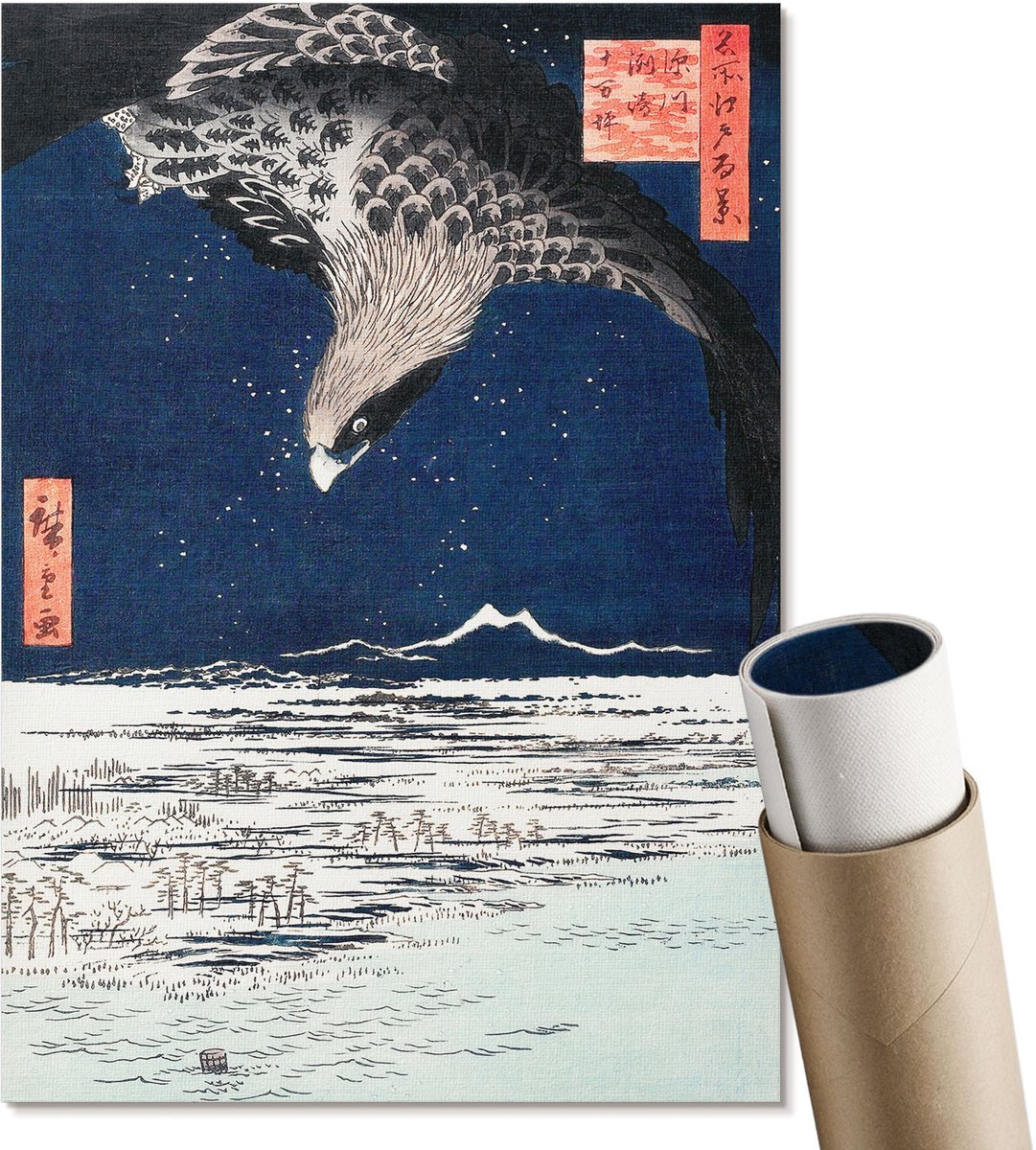 Coloray Polycanvas Poster - Japanse Havik, Schilderen - A4 - Blauw Kunst - Rechthoek - Kunstposter - Woonkamer, Slaapkamer, Kantoor - Japanse
