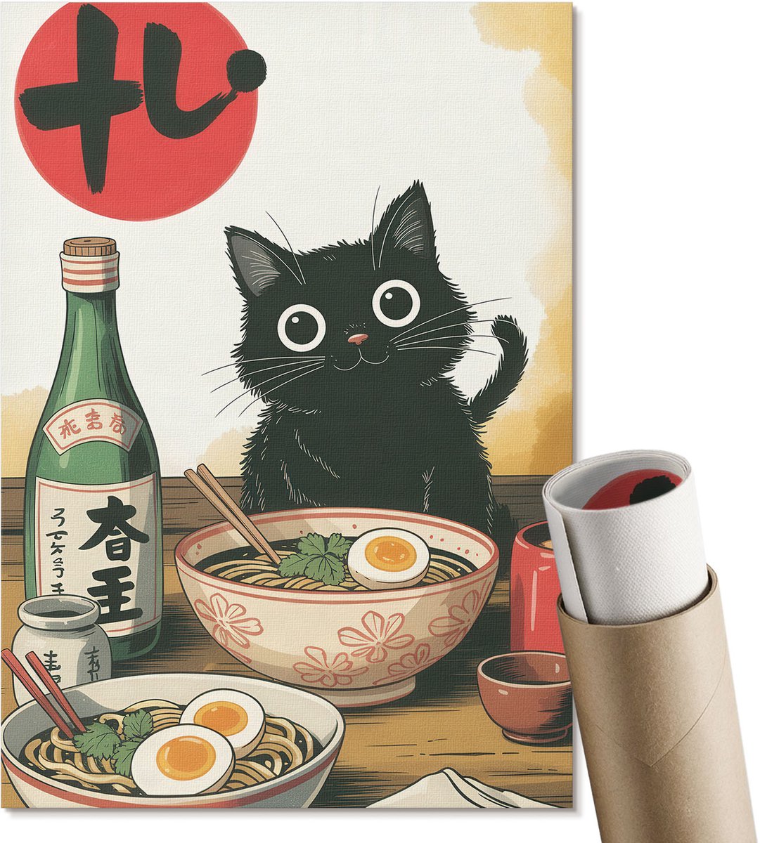 Coloray Polycanvas Wandposter - Katje En Ramen, Illustratie - A4 - Zwart Poster - Rechthoek - Interieurdecoratie - Woonkamer, Slaapkamer, Kantoor - Japanse