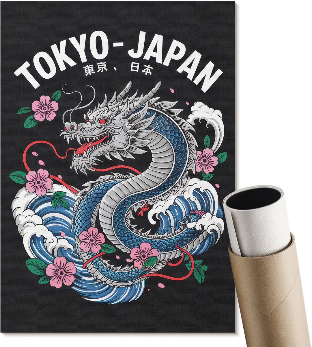 Coloray Polycanvas Poster - Japanse Draak, Illustratie - A4 - Zwart Wanddecoratie - Rechthoek - Kunstposter - Woonkamer, Slaapkamer, Kantoor - Japanse