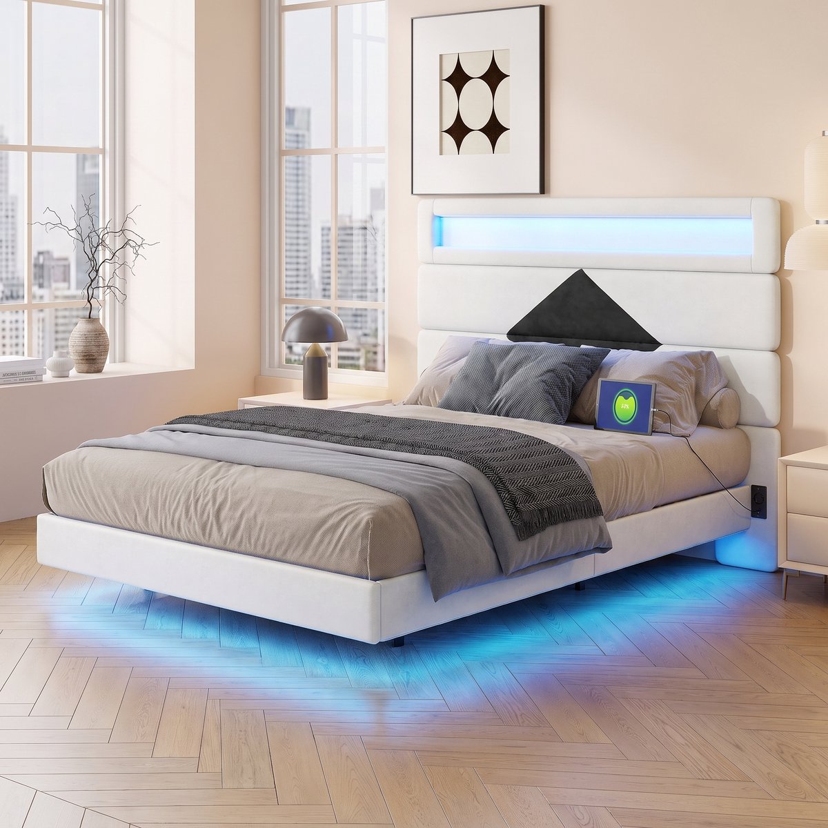 Tweepersoonsbed 140x190 cm met Lattenbodem, Bedframe met Ledverlichting, Zwevend Bedframe voor Volwassenen met Verlichting, Meerdere Draagmogelijkheden, Stevig Stabiel, Fluweel (Wit, 140x190cm)