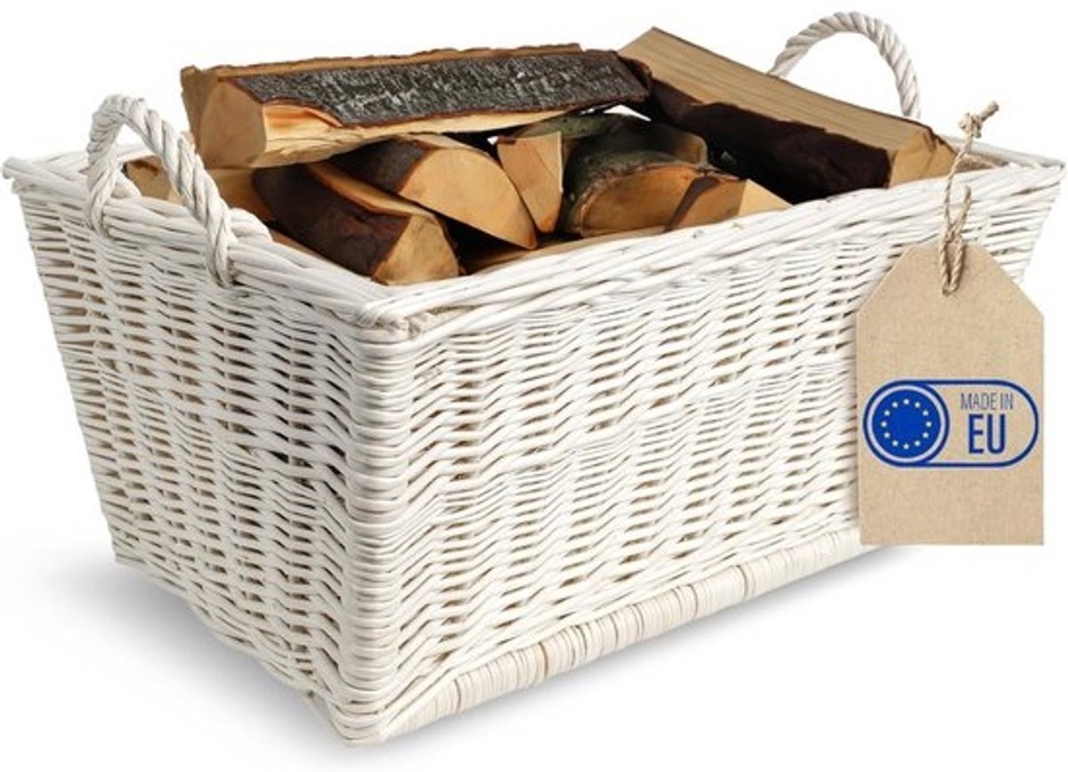Houthaard Mand - Houtmand Jute - Haardhout Opslag - Handgemaakt Natuurlijk Wilgenhout - 47x33x30cm - Wit