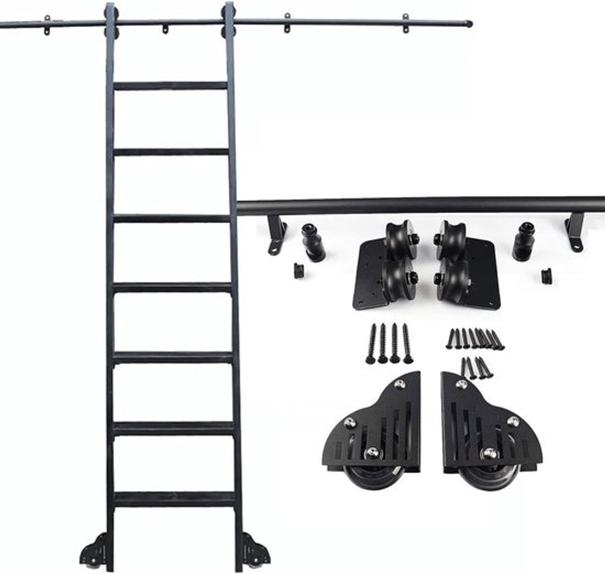 Ladder Rolrail Kit - Bibliotheek Ladder Track - Zelf Hulp - Verstelbare Beugels - 3.3ft - Zwart