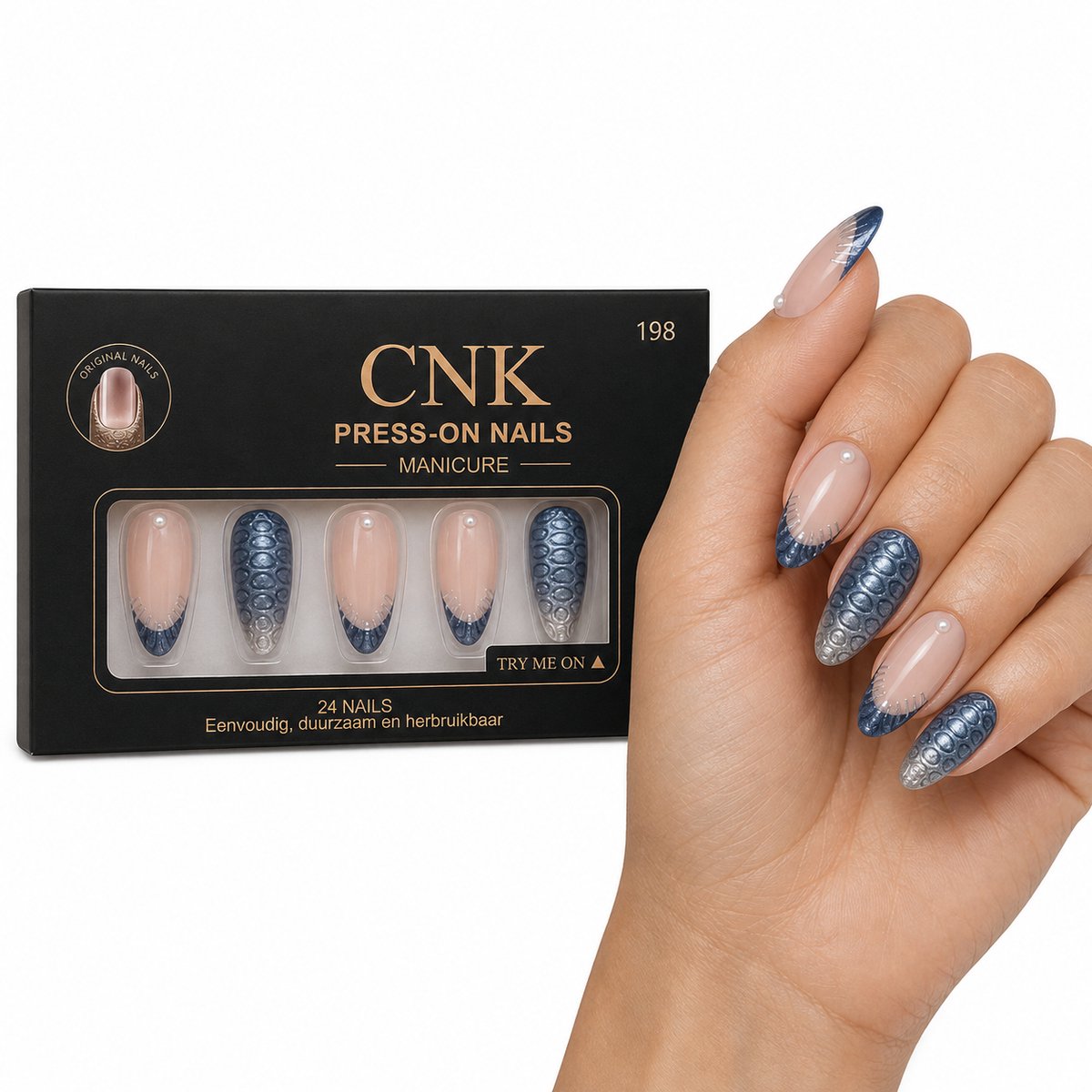 CNK 198 Press On Nails - Plaknagels - 24 Kunstnagels met Nagellijm, 24 Zelfklevende Plakstickers, Cleaner Wipe, Nagelvijl, Woodstick & Size Matcher - Nepnagels voor 7-14 Dagen - Herbruikbare Press-On Nagels - Starterspakket voor Manicure & Nail Art