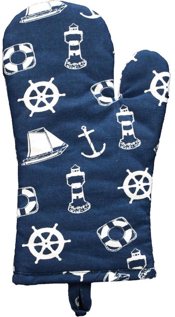 Ovenwant - Keukenhandschoen Hittebestendig - Bescherming bij Koken - Maritiem Design - 30 cm - Blauw Wit