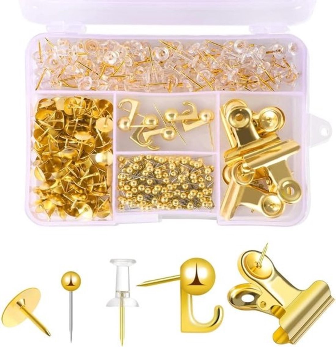 Gouden Punaises Set - Duimspijkers Haken - Kantoor Werk - 310 Stuks Voordeel - 14x10x3.5cm - Goud