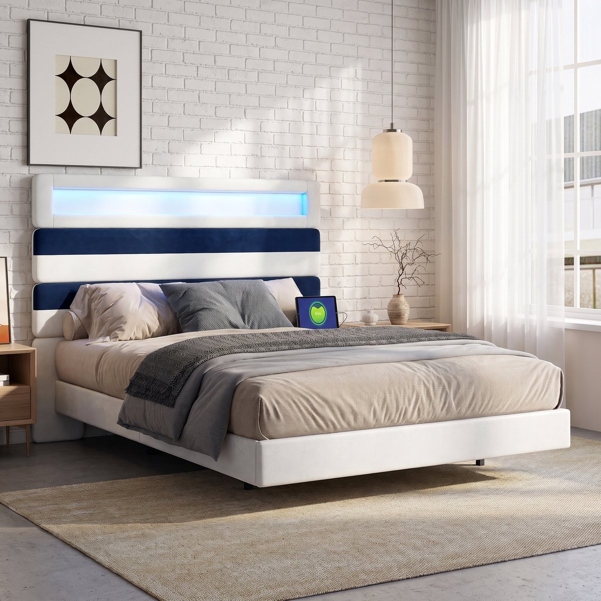 Tweepersoonsbed 140x190 cm met Lattenbodem, Bedframe met Ledverlichting, Zwevend Bedframe voor Volwassenen met Verlichting, Meerdere Draagmogelijkheden, Stevig en Stabiel, Fluweel (Wit, 140x190cm)