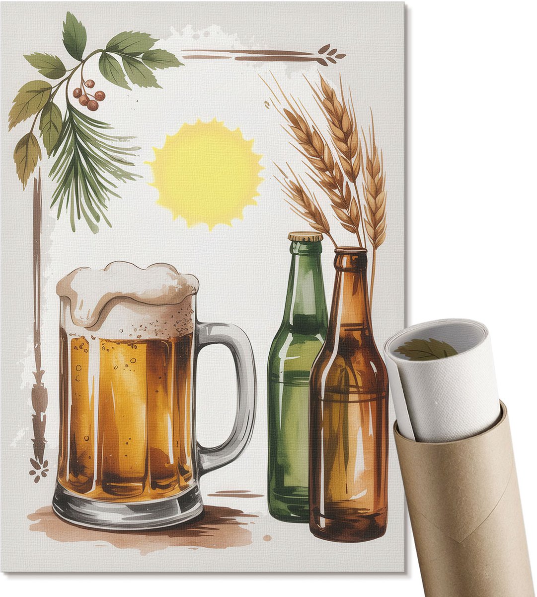 Coloray Polycanvas Wandposter - Bierthema, Illustratie - A4 - Geel Design - Rechthoek - Muurkunst - Woonkamer, Slaapkamer, Kantoor - Rustiek