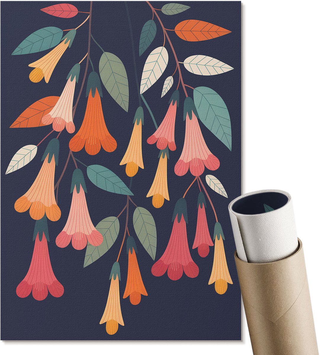 Coloray Polycanvas Poster - Bloemenpatroon, Illustratie - A4 - Oranje Wanddecoratie - Rechthoek - Muurdecoratie - Woonkamer, Slaapkamer, Kantoor - Decoratief