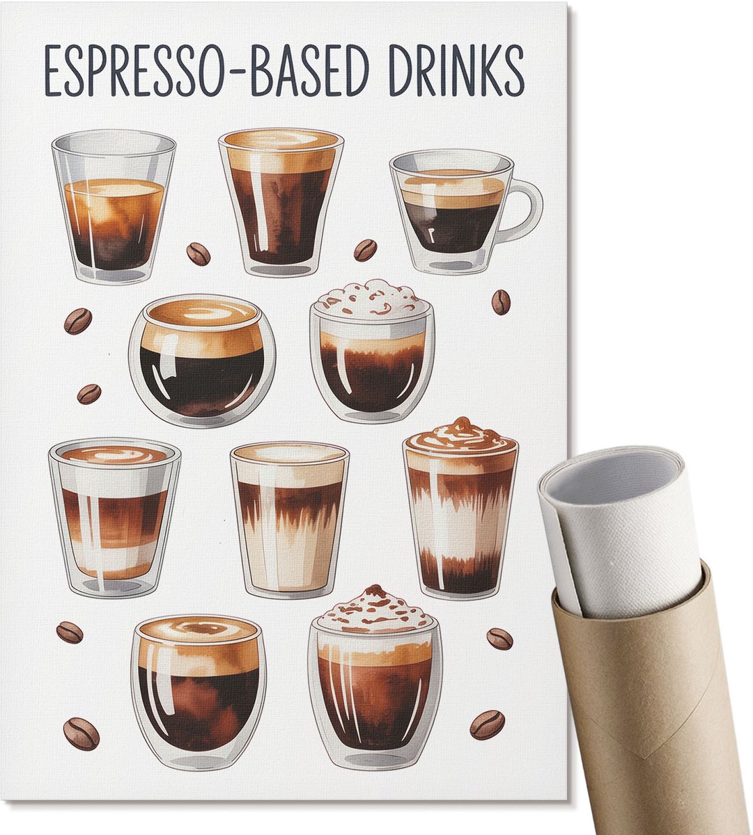 Coloray Polycanvas Poster - Soorten Koffie, Illustratie - A4 - Bruin Motief - Rechthoek - Wandkunst - Woonkamer, Slaapkamer, Kantoor - Decoratief