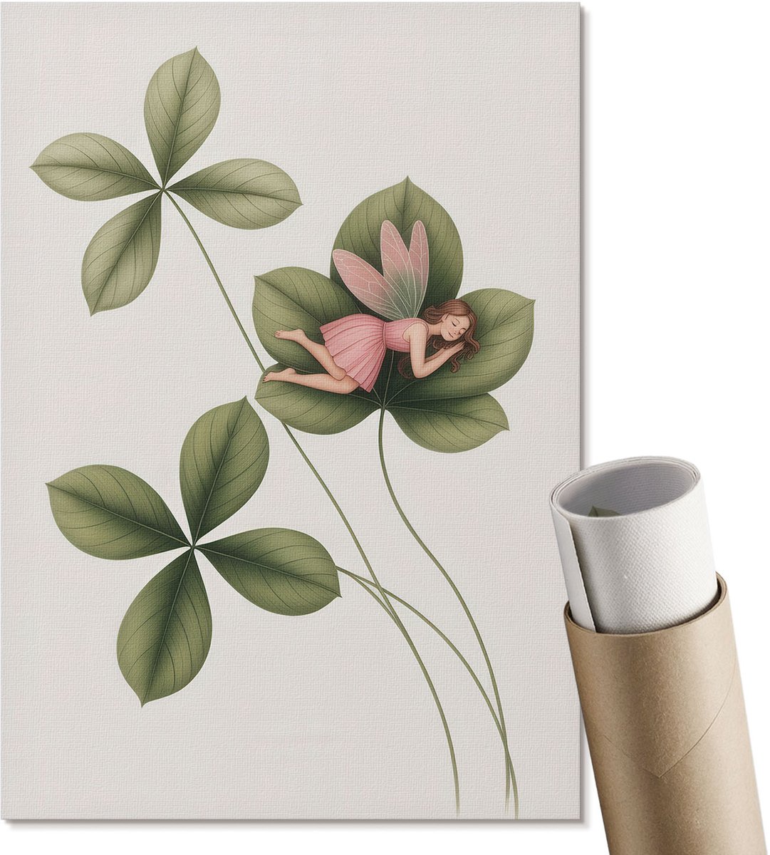 Coloray Polycanvas Wandposter - Fee Op Een Bloem, Illustratie - A4 - Groen Design - Rechthoek - Canvasposter - Woonkamer, Slaapkamer, Kantoor - Kinder