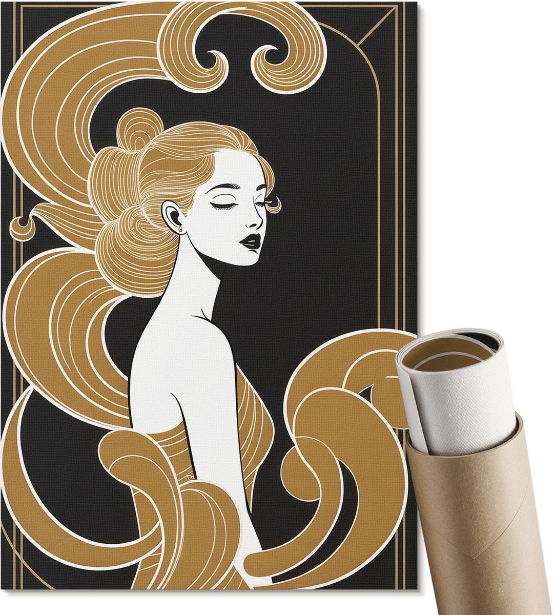 Coloray Polycanvas Wandposter - Artistieke Elegantie, Illustratie - A4 - Zwart Patroon - Rechthoek - Wandkunstwerk - Woonkamer, Slaapkamer, Kantoor - Art deco