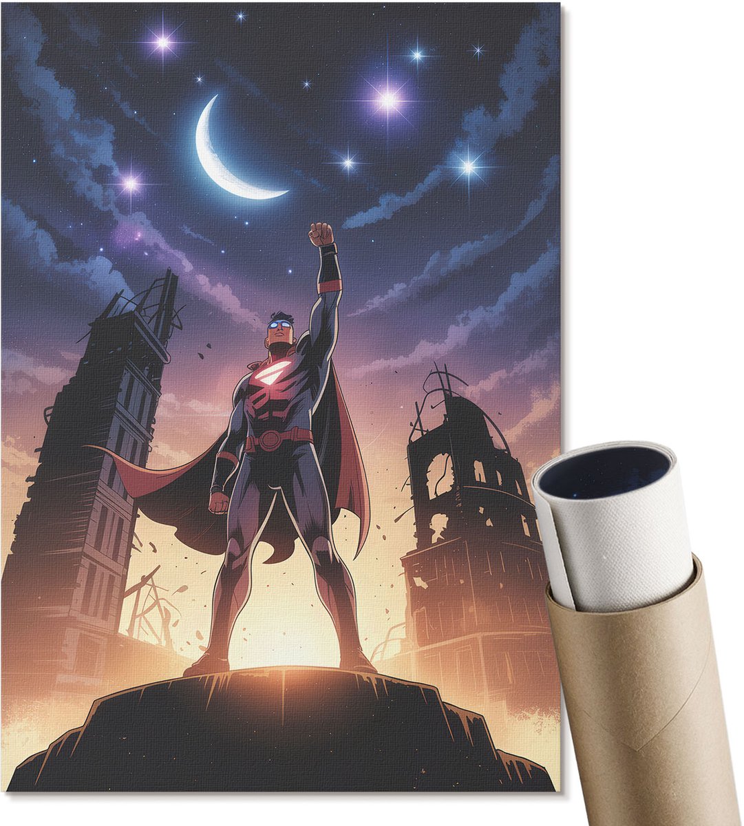 Coloray Polycanvas Wandposter - Superheld 'S Nachts, Illustratie - A4 - Marine Decoratie - Rechthoek - Interieurdecoratie - Woonkamer, Slaapkamer, Kantoor - Popcultuur