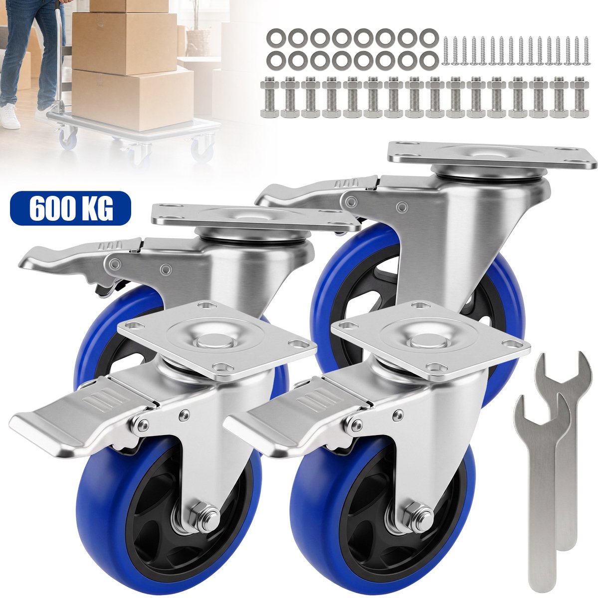Meubelwielen 4 Stuks - Zwarelast Zwenkwielen - PU RubberenWiele - 360° Draaibaar - Dubbele Rem - 100 mm - Stil & Soepel - Krast Vloer Niet - 600 kg Per Wiel - Bewegend Wiel - Voor Werkbank & Trolley & Meubels - Blauw