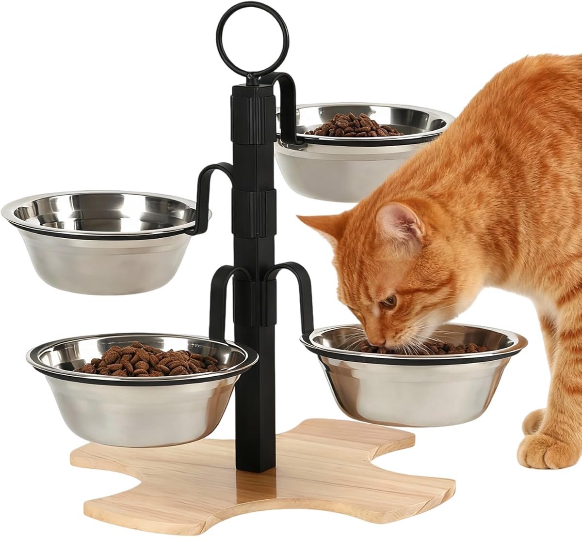 Voerstandaard Kat - Dinerset Huisdier - Verhoogde Voerbak en Drinkbak - Hondenvoerbak Standaard - 4 RVS Kommen - 3 Hoogtes - 37x14x31,5 cm - Nekbescherming - Kat & Kleine Hond - Voor Droogvoer & Water & Natvoer & Snacks
