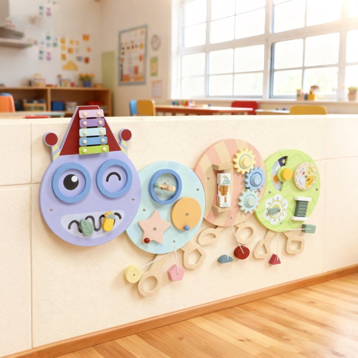 REDOM - Wandmontage Montessori busy board - 7-in-1 interactief sensorisch ontwerp - Xylophon, tandwielen en vormsortering - Voor kinderen - Hout/MDF - Meerkleurig - 108 x 62 cm