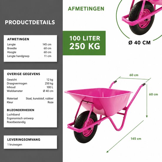 Kruiwagen 100 Liter Roze - Draagvermogen 250 kg — afbeelding 5