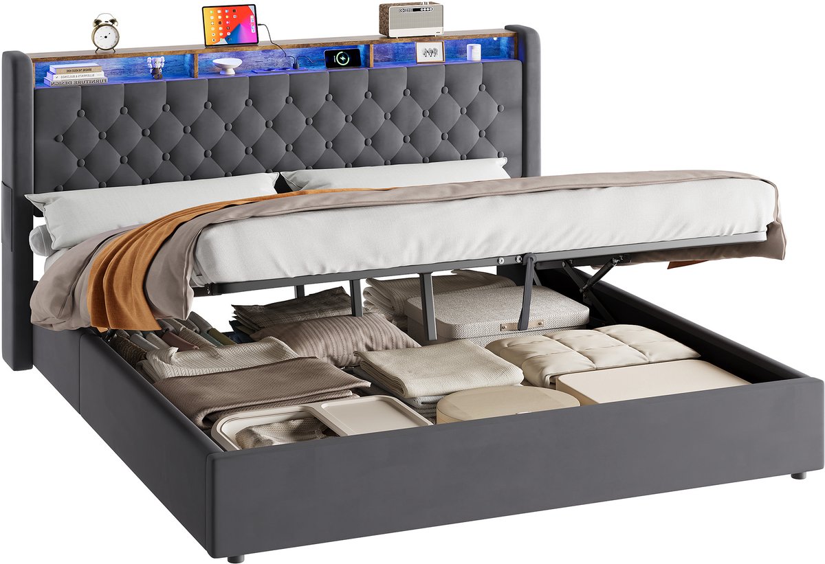 DESMIU Gestoffeerd Bed 180x200cm – Comfortabel Bedframe Voor Slaapkamer – Stevige Constructie – Voor Volwassenen – Grijs – Zonder Matras