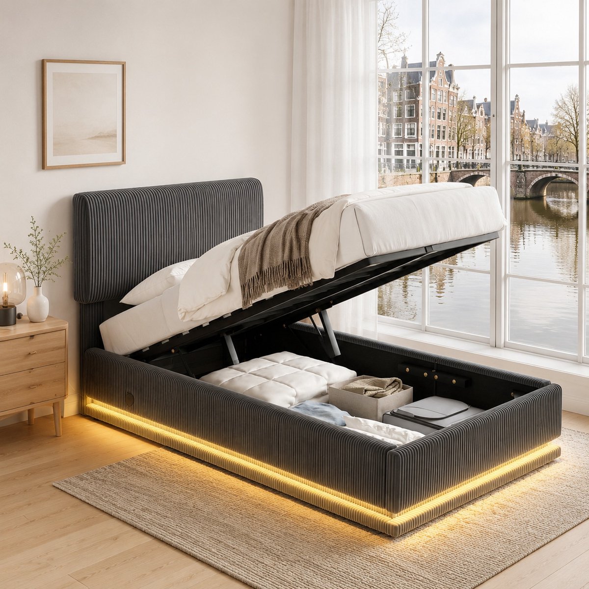 WUVRIE Moderne Polsterbett 90x200cm met LED-be lighting en USB-C lading, hoogteverstelbaar hoofdeinde, Cord-stof, stabiel lattenrost, groot onderbed-stauraum en comfortabel polsterhoofdeinde - Donker Grijs