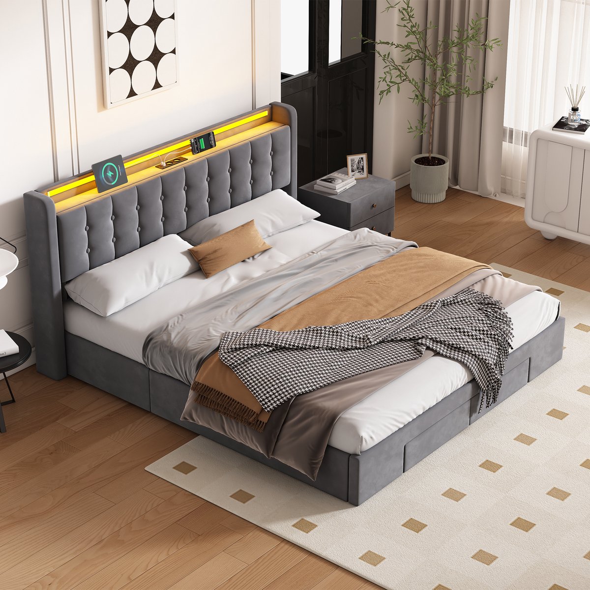 STILVORA Bedframe Opbergruimte – 180 x 200 cm – Fluweel en Metaal – Donkergrijs – Met Laden, USB-Aansluiting en Sfeerverlichting