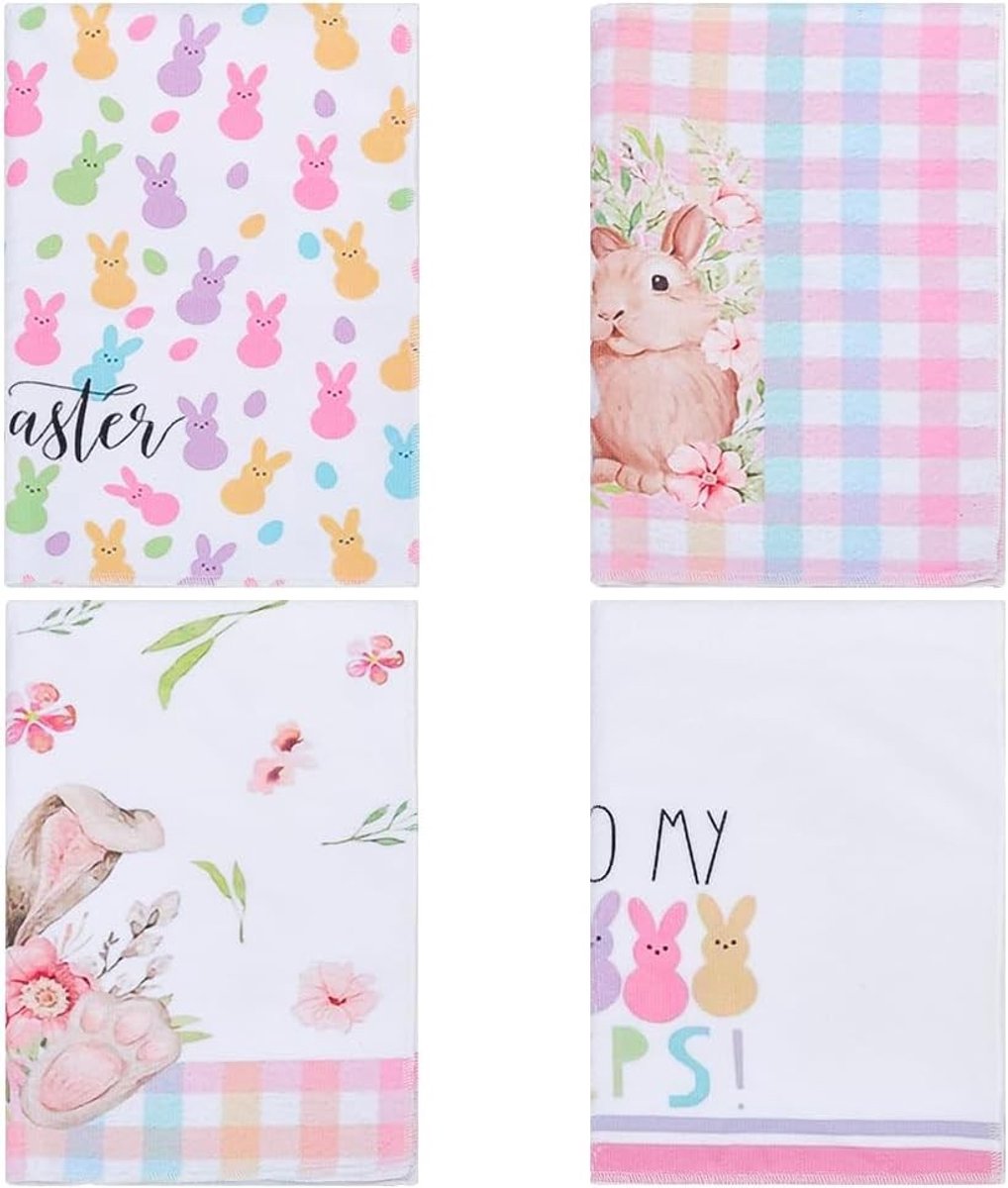 4 Pack Pasen Keukenhanddoeken Zachte Vezel Decoratieve Theedoeken Schattige Konijn Theedoeken Set voor Pasen Decoratie Keuken Tafel Feestdagen Thuisdecoratie, 40x60cm