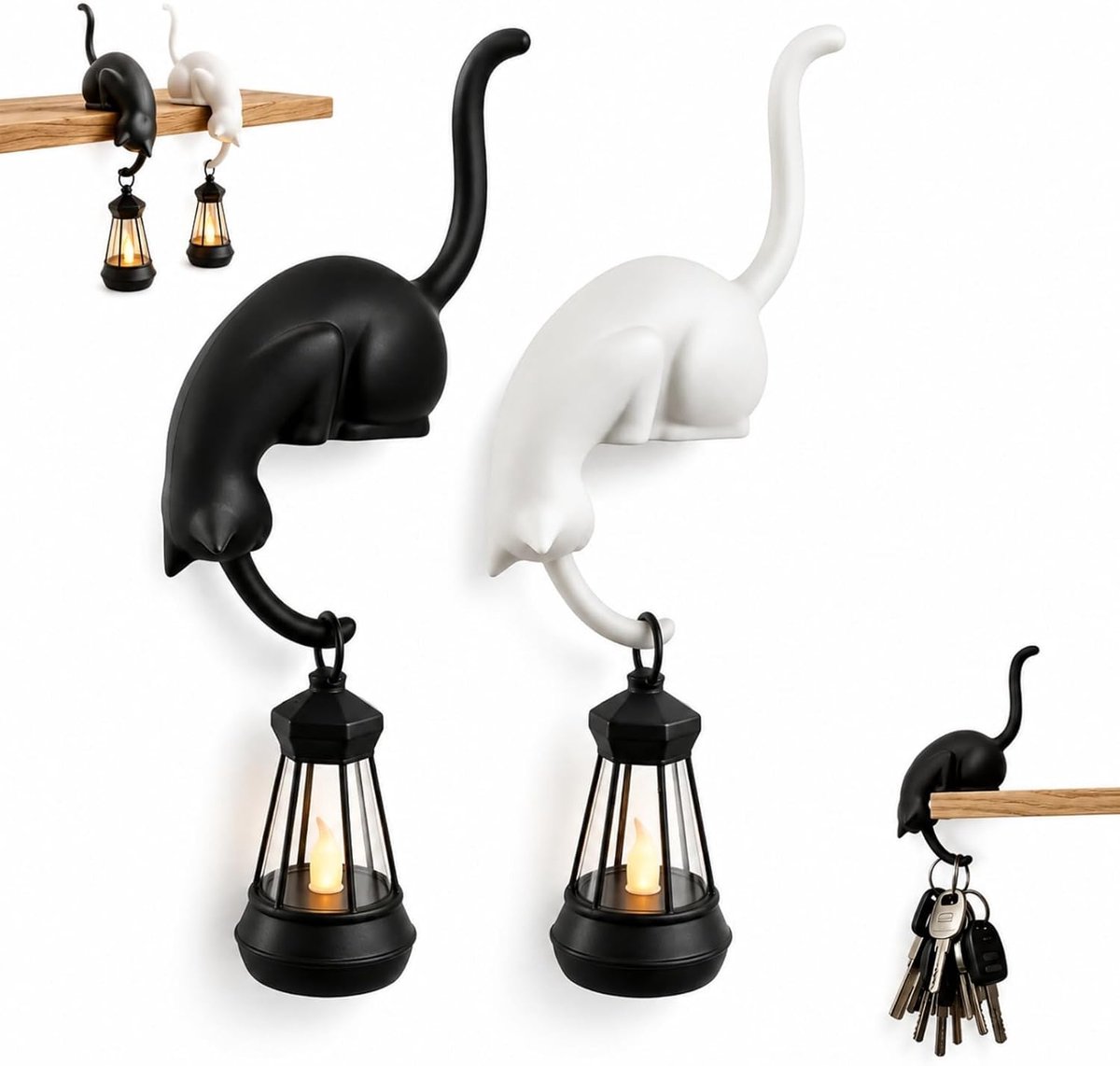 2 stuks Katten Plankhaak met LED Lantaarn - Boekenplanklamp - Nachtlampje Decoratief - Bureauhaken - Tafeldecoratie - multifunctionele haak voor Boekenplank, Wandplank en Kast - Cadeau voor Kattenliefhebbers - Zwart, Wit