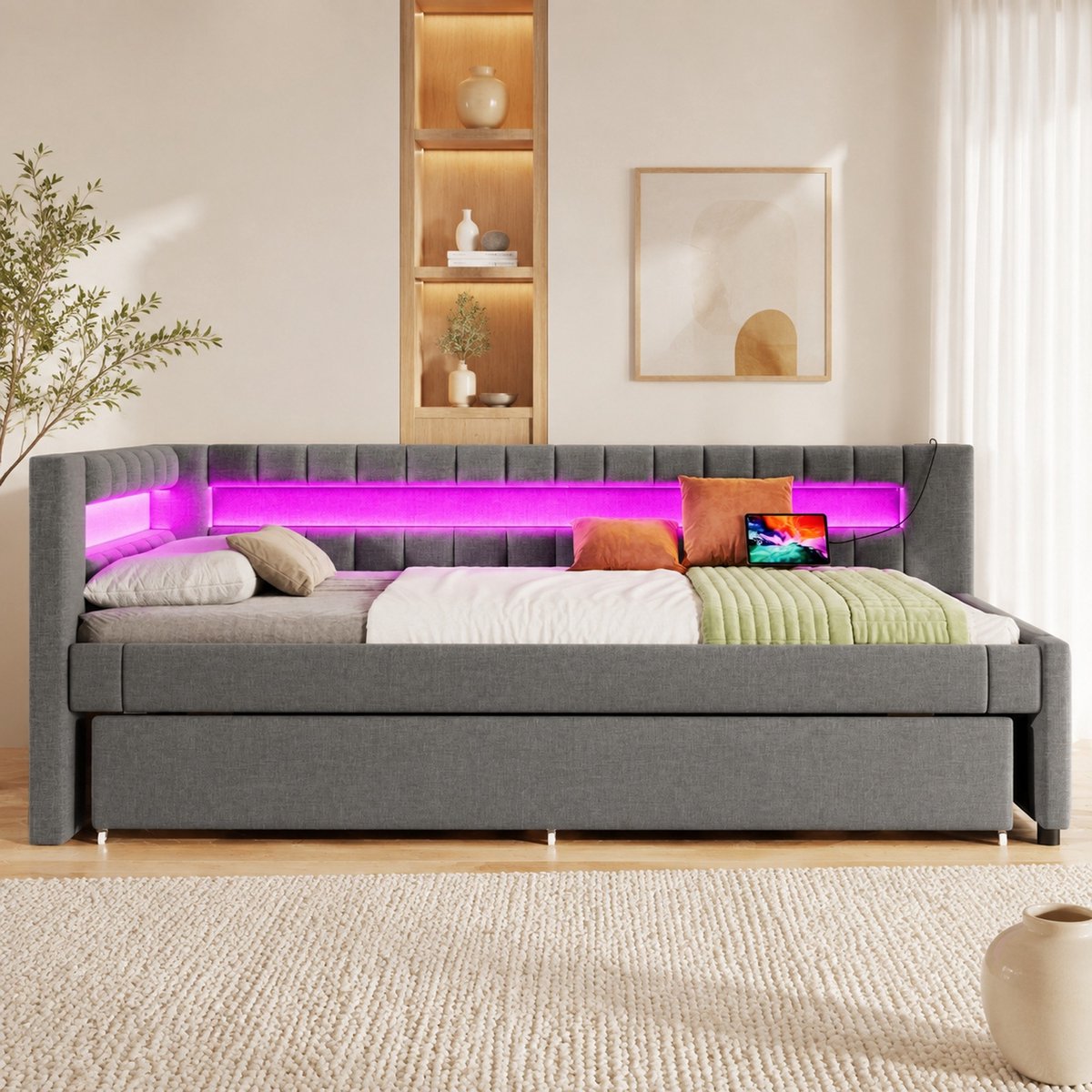 COVREO Slaapbank met LED-verlichting en uitrolbed – 90x200 cm – Dagbed van stof en MDF – met USB en Type-C – Grijs - zonder matras