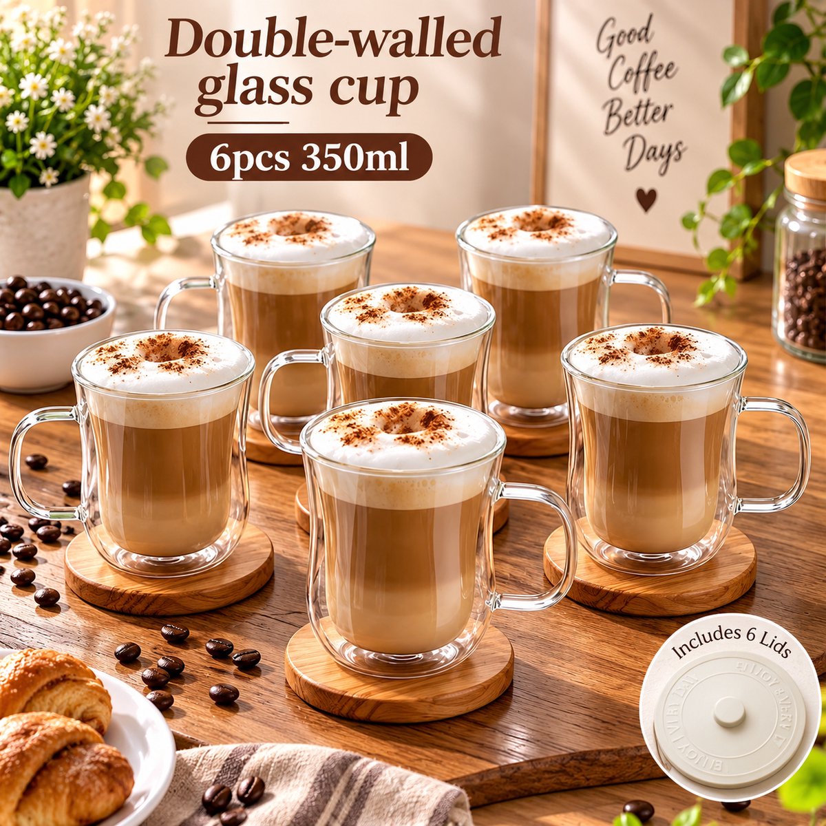 6 Delige Dubbele Wand Glas Koffiemokken Set met Deksels, 350ml Borosilicaat Glazen Mokken met Oor - Isolerend en Hittebestendig