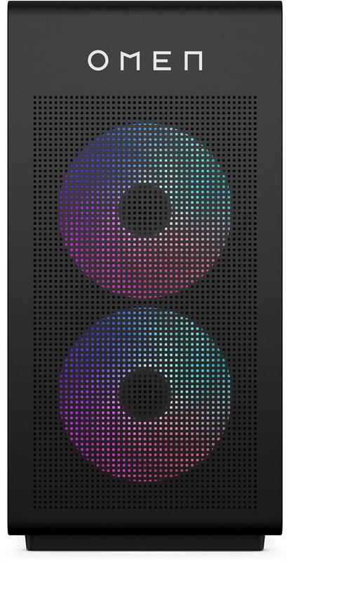 Zwarte OMEN desktopcomputer met twee ronde, verlichte ventilatoren aan de voorkant in regenboogkleuren.