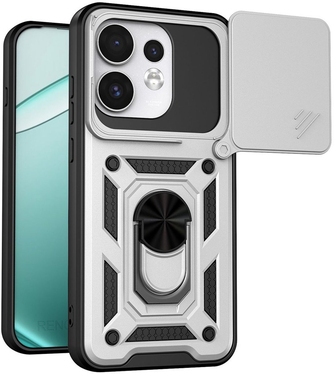 MobyDefend Hoesje - Geschikt voor Oppo Reno16 / 16 Pro - Pantsercase Met Draaibare Ring - Zilvergrijs