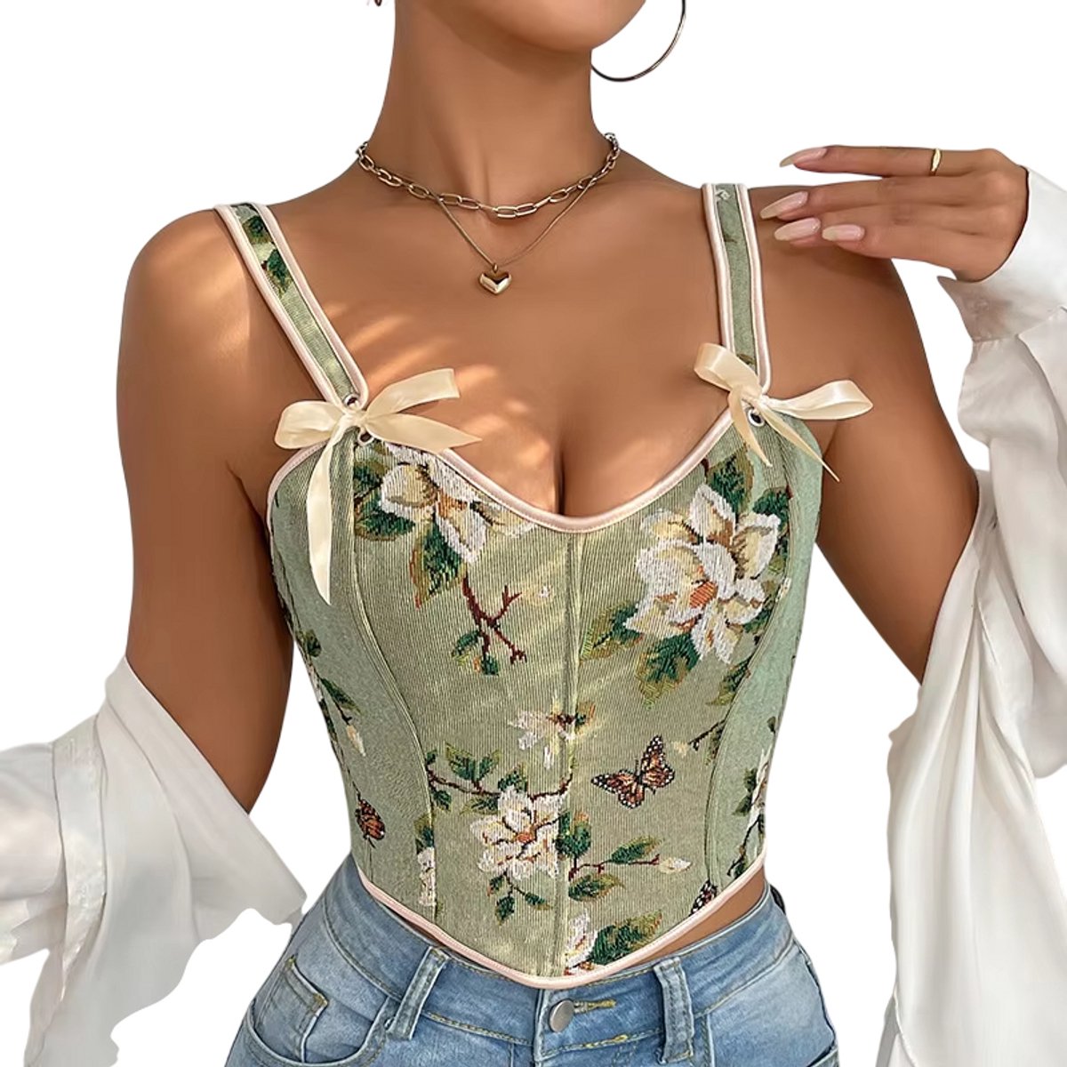 Sexy Retro Corset Crop Top voor Dames met Bloemenprint – Vintage Look, Dubbele Bandjes & Flatterende Pasvorm - Groen - Maat L