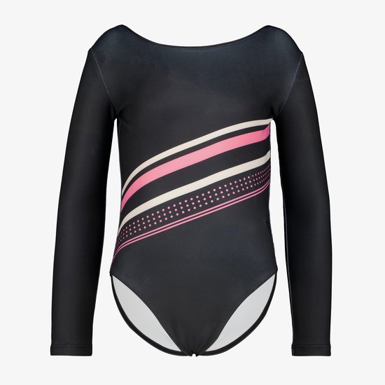 Zwarte gympakje met lange mouwen en een diagonale roze, witte en gestippelde band.